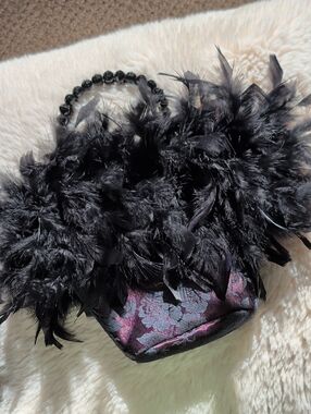 Whimsical Feathered Beaded Handle Evening Bag - Black with Iridescent Floral